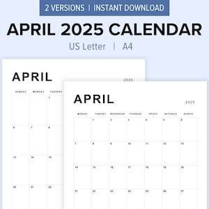 Editable April 2025 Calendar Minimalist Printable | Simple Minimalist Monthly April Planner | US Letter, A4, Fillable
