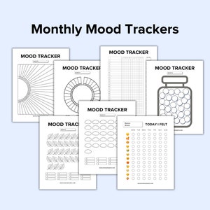 May include: A set of printable mood trackers with different designs, including a sun, a circle, a jar, leaves, and clouds. Each tracker has a space for the month and a section for recording moods.
