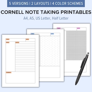 Cornell Note Taking Printable Worksheet | Printable Note Taking Template | Study Organization Template | Academic Notes | A4, A5, US Letter