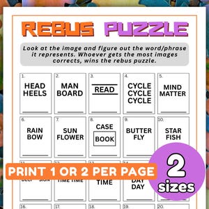 May include: A white printable Rebus Puzzle worksheet with an orange border, featuring the title REBUS PUZZLE and instructions. The grid contains twenty numbered boxes with word-based puzzles, plus a purple circle graphic stating 2 sizes.