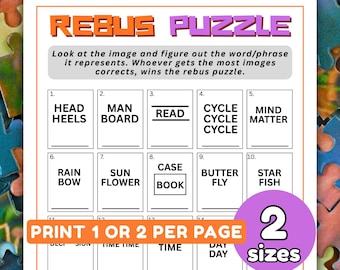 Juego de acertijos visuales imprimible: 20 acertijos de palabras visuales, rompehielos para la oficina, juego de fiesta para adultos, descarga en PDF