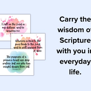 May include: Three watercolor cards with inspirational quotes from the Bible. The cards feature a pink, blue, and yellow watercolor background. The text on the cards reads: "I call on the Lord in my distress, and he answers me." "Whoever is kind to the poor lends to the Lord, and he will reward them." "The purposes of a person's heart are deep waters, but one who has insight draws them out."  Proverbs 20:5