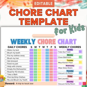 Editable Chore Chart Template for Kids | Children&#39;s Weekly Responsibility Chart | Kids Daily Routine