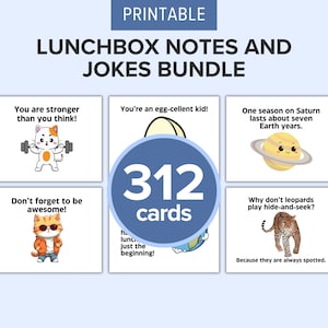 312 Lunchbox-notities en grappen afdrukbaar | Leuke lunchtrommelkaarten voor kinderen | Aanmoediging en leuke grappen | Pdf-download