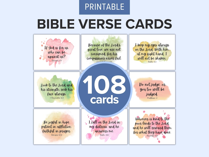May include: A set of 108 printable Bible verse cards. Each card features a watercolor background with a different Bible verse printed in black text. The cards are perfect for encouraging reflection and sharing faith.