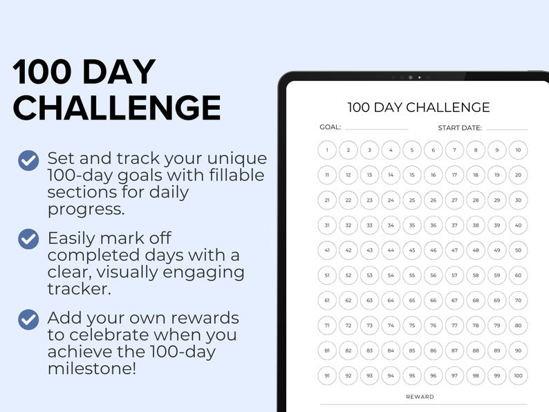 100 Day Challenge Goal Setting Tracker | A4, A5, US Letter | Fillable ...