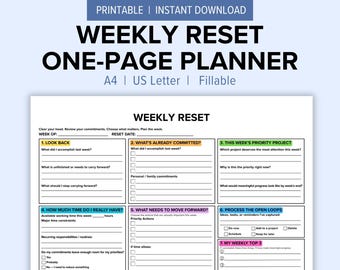 Weekly Reset Planner Printable - One Page Weekly Planning Worksheet, Priorities & Productivity Planner PDF