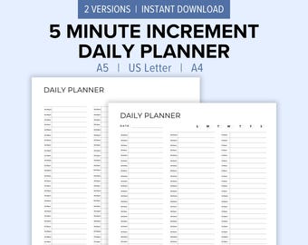 5 Minute Increment Daily Planner Printable | A5, US Letter, A4 | Fillable & Instant Download