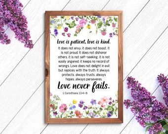 1 Corinthians 13:4-8 Bible Verse Printable | Love is Patient, Love is Kind | Christian Wall Arts and Prints | Scripture Decor Printable