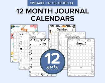 12 か月ジャーナル印刷可能カレンダー | A5、US レター、A4 | 即時ダウンロード