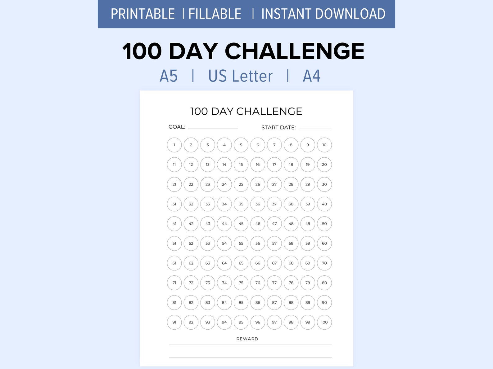 100 Day Challenge Goal Setting Tracker | A4, A5, US Letter | Fillable ...