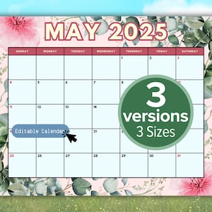 Editable May 2025 Calendar Printable and Spring Themes | Mother&#39;s Day Calendar and Planner | 3 Versions | Fillable Spring Calendar