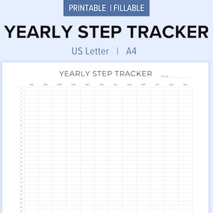Hoja de trabajo para el seguimiento de pasos anuales, imprimible, en formato horizontal, tamaño carta de EE. UU., A4, rellenable y descarga instantánea
