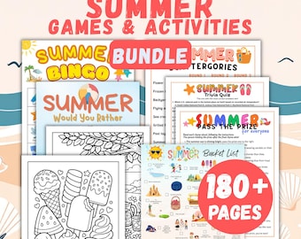 Summer Activity Bundle - Printable Games and Coloring Pages PDF, Summer Bingo, Trivia, Scattergories, Instant Download