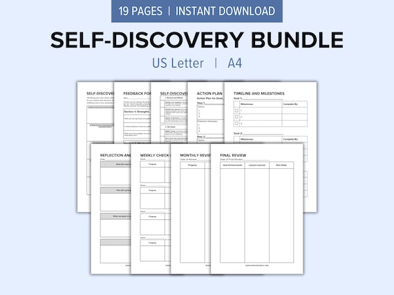 19 Self-Reflection Journal Printable Worksheets Bundle | Self Discover Questions | Affirmations and Positive Thinking | Personal Growth