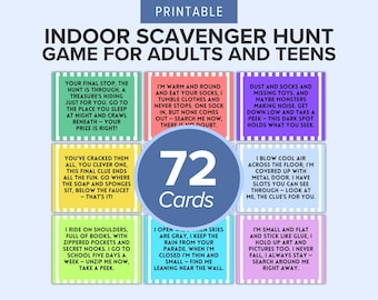 Indoor Scavenger Hunt Printable - 72 Clue Cards for Teens and Adults, Treasure Hunt Game, Party Activity PDF
