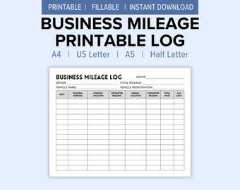 Business Mileage Log Printable | Vehicle Mileage Tracker | Vehicle Trip Log | Fillable PDF | Digital Download