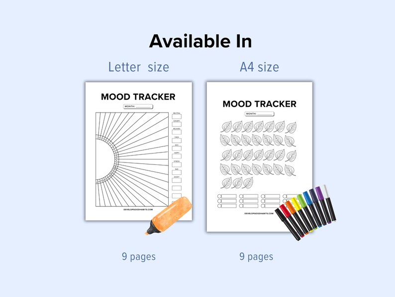 May include: Two printable mood tracker designs, one with a sunburst and the other with leaves, both in black and white. The designs are available in letter and A4 sizes and include 9 pages each.