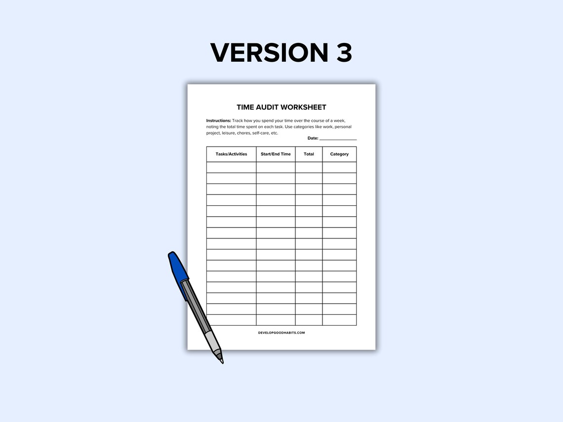 Time Audit Printable Worksheets | Hourly Time Tracker | Time Management ...