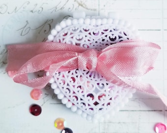 Lacey Heart Container: Pink Sequins, Ribbon - Craft Supplies