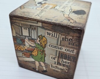 Retro Kids Collage Block- This is Fun! Assemblage: Vintage Toy Block Art