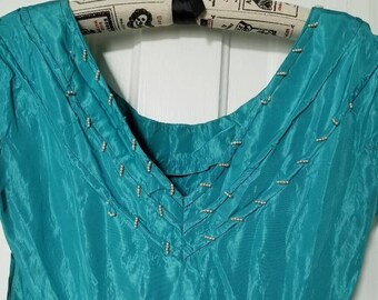Vintage Blue 1950s Dance Dress- Interfaced Skirt for Fullness,  beaded trim  (Damaged)