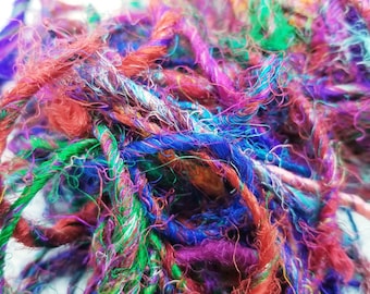 Bohemian Sari Silk Yarn, 4 Yards, Twisted Yarn, Junk Journals, Tag Art, Assemblage Supply, Recycled Sari Fabric