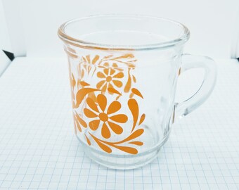 Orange Clear Glass Coffee Mug, 70s Vintage