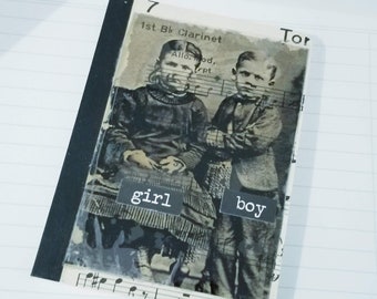 Collaged Pocket Composition Notebook- Girl & Boy- Vintage Images, Diary,
