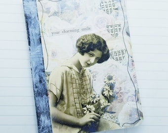 Collaged Pocket Composition Notebook- Your Charming Smile- Vintage Images, Diary,