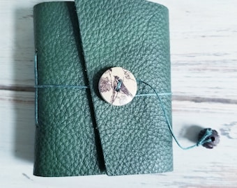 Reclaimed Leather Mini Notebook- Green Pebbled Texture with wooden button closure