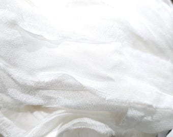 NEW! White Silk Chiffon Sari Silk Ribbon, 4 Yards, Torn Edge, Junk Journals, Tag Art, Assemblage Supply, Recycled Sari Fabric