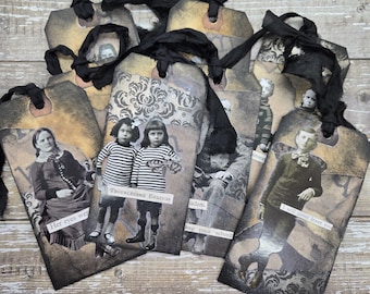 Altered Spooky Tag Art-A Midnight Dark and Dreary, dark academia, Assemblage, Silk Ribbon Collage