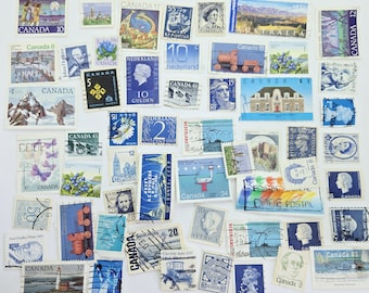 50+ Used Mostly Canadian and UK Postage Stamps Red, Blue or Green Bundle- Ephemera, Vintage Collages, Assemblages