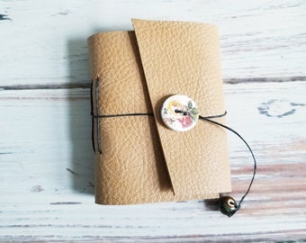 Reclaimed Leather Mini Notebook- Pebbled Texture Fawn brown with roses button closure