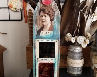 Sugar - Altered Picket  Fence Post Assemblage- Lady, Red game piece, Assemblage Art, Collaged Artwork