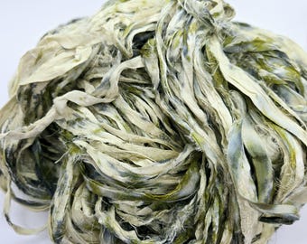 Lichen Green Sari Silk Ribbon: Torn Edge Recycled Fabric, 4 Yards