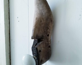 Vintage Wood Shoe Last Coat Hook with Porcelain Knob