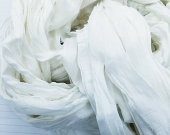 White - Sari Silk Ribbon, 4 Yards, Torn Edge, Junk Journals, Tag Art, Assemblage Supply, Recycled Sari Fabric