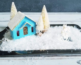 Snowy Scene Vintage Putz House, Vintage Tray- Vignette, DIY Miniature Christmas Scene, Deer, Bottle Brush tree