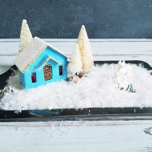 Snowy Scene Vintage Putz House, Vintage Tray- Vignette, DIY Miniature Christmas Scene, Deer, Bottle Brush tree