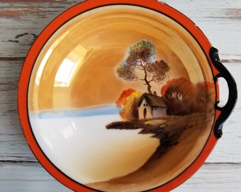 Vintage Noritake Lusterware Bowl: Handpainted Farm Scene Trinket Dish