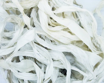Parchment- Sari Silk Ribbon, 4 Yards, Torn Edge, Junk Journals, Tag Art, Assemblage Supply, Recycled Sari Fabric