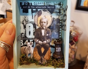 Adventure Begins Assemblage Box: Vintage Boy and Dog Reliquary