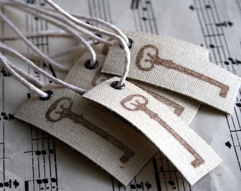 Shabby Paris Key Fabric Tags- Hand Stamped Vintage Style