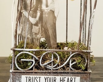 Trust Your Heart- Rusted Cage Assemblage Art