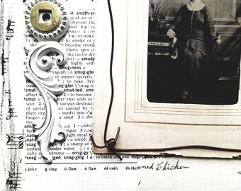 The Merry Widow Collaged Canvas Art- Wire , Tin Type, metal embellishments, Original Artwork