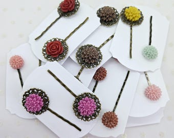 Flower Bobby Pins- Rose, bronze pins, white, purple,mums, girls gift (2)