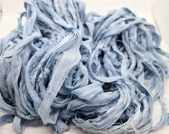 Baby Blue Sari Silk Ribbon: Torn Edge Recycled Fabric, 4 Yards