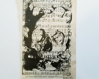 Black Ink Skull Goco Print on Vintage Hymnal Page- Paris Catacombs, Original Art